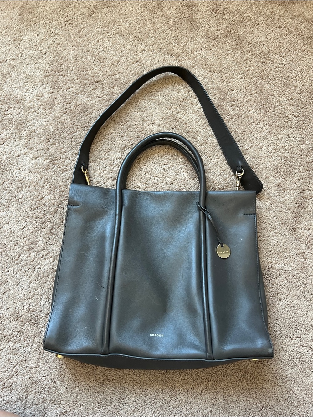 Skagen Gray Leather Structured Tote with Detachable Strap